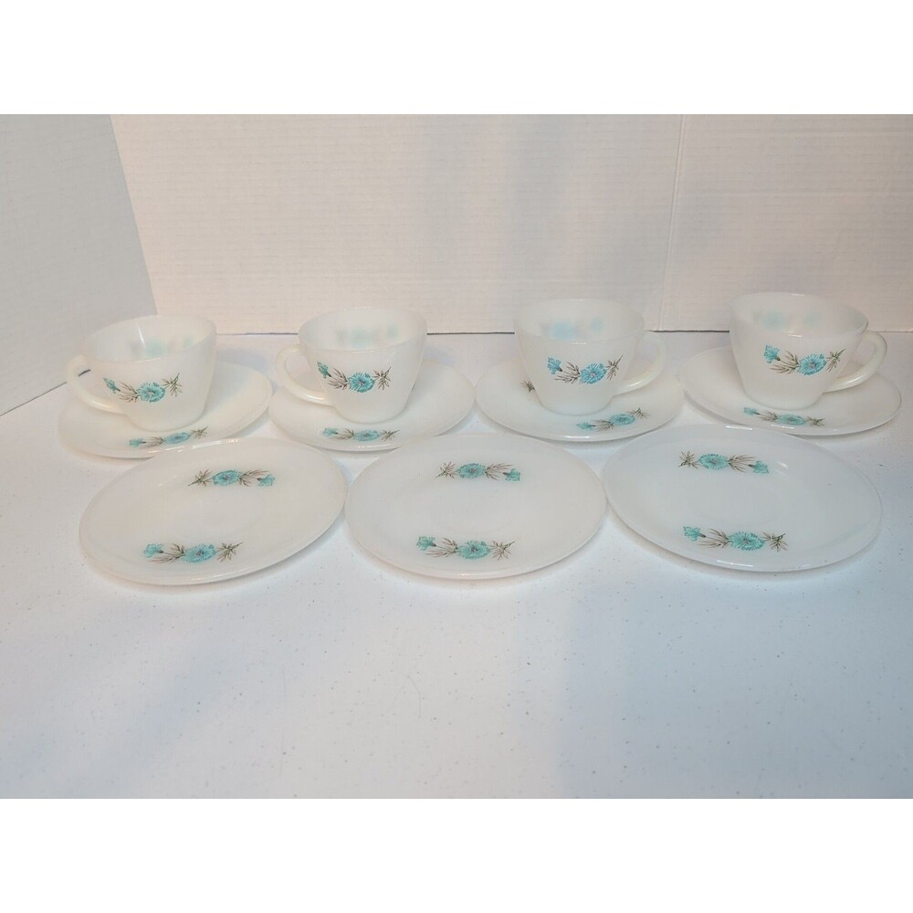 Vtg 1950s Fire King Bonnie Blue Flower Cup and Saucer Set of 4 Plus 3 Saucers
